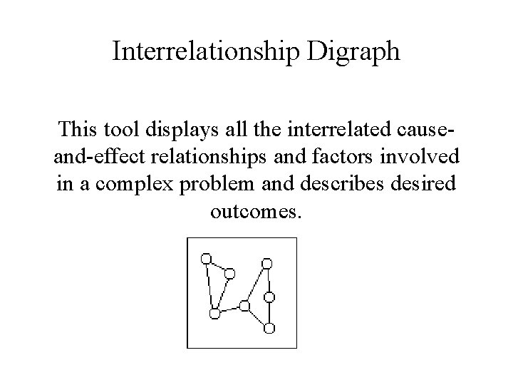 Interrelationship Digraph This tool displays all the interrelated causeand-effect relationships and factors involved in