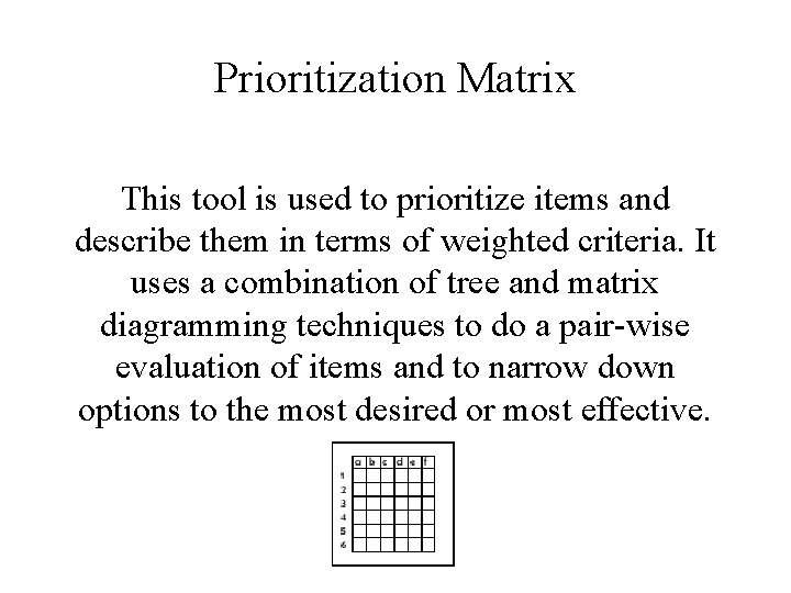 Prioritization Matrix This tool is used to prioritize items and describe them in terms