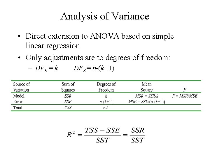 Analysis of Variance • Direct extension to ANOVA based on simple linear regression •