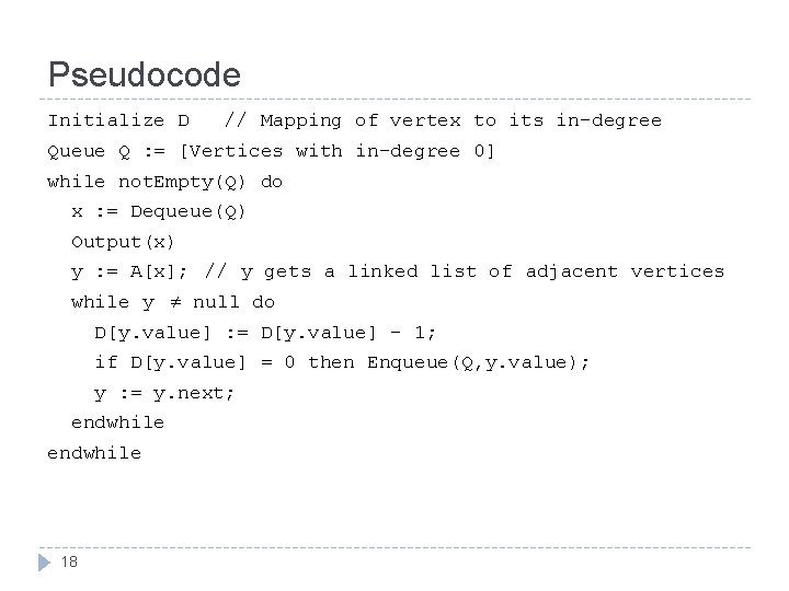 Pseudocode Initialize D // Mapping of vertex to its in-degree Queue Q : =