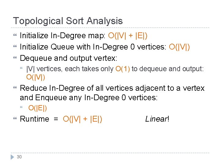Topological Sort Analysis Initialize In-Degree map: O(|V| + |E|) Initialize Queue with In-Degree 0