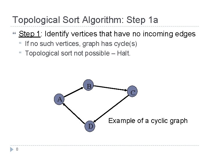 Topological Sort Algorithm: Step 1 a Step 1: Identify vertices that have no incoming