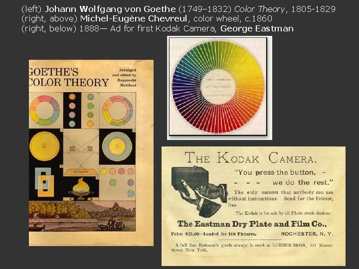 (left) Johann Wolfgang von Goethe (1749– 1832) Color Theory, 1805 -1829 (right, above) Michel-Eugène