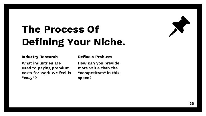 The Process Of Defining Your Niche. Industry Research Define a Problem What industries are