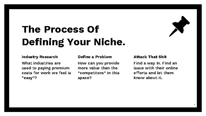 The Process Of Defining Your Niche. Industry Research Define a Problem Attack That Shit