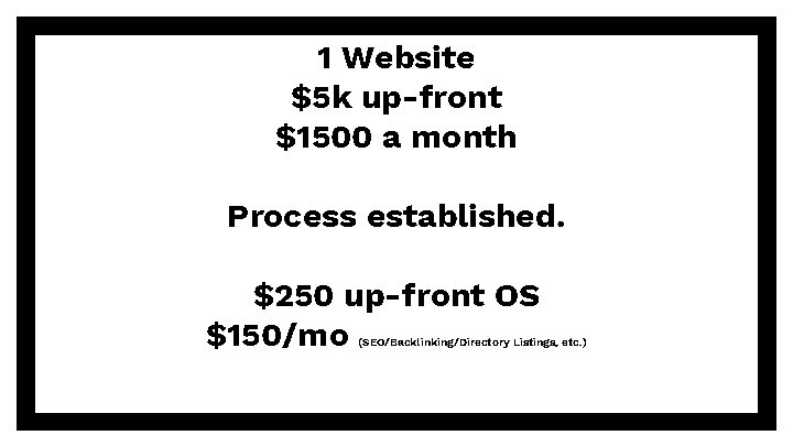 1 Website $5 k up-front $1500 a month Process established. $250 up-front OS $150/mo
