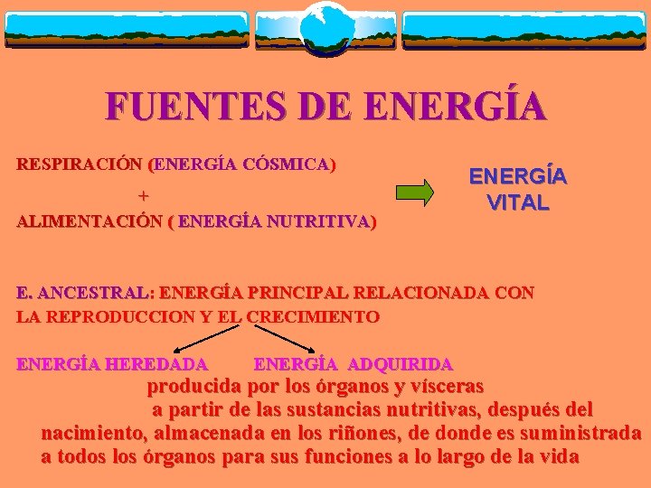 FUENTES DE ENERGÍA RESPIRACIÓN (ENERGÍA CÓSMICA) + ALIMENTACIÓN ( ENERGÍA NUTRITIVA) ENERGÍA VITAL E.