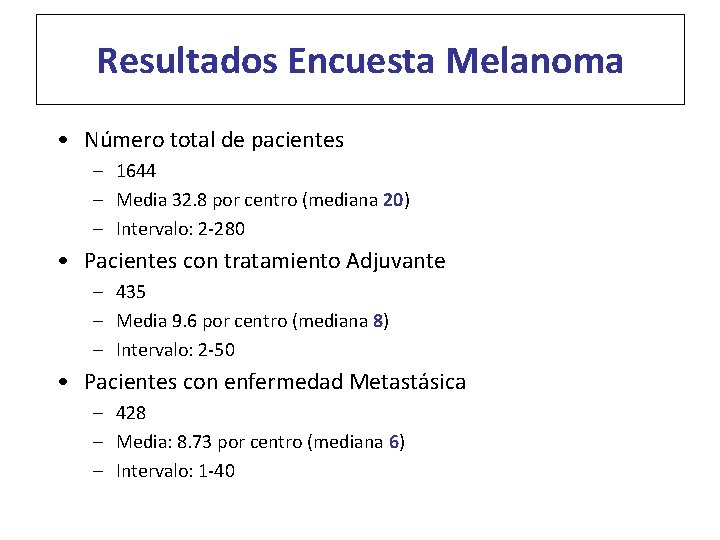 Resultados Encuesta Melanoma • Número total de pacientes – 1644 – Media 32. 8