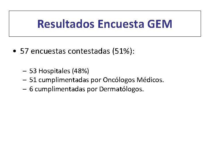 Resultados Encuesta GEM • 57 encuestas contestadas (51%): – 53 Hospitales (48%) – 51