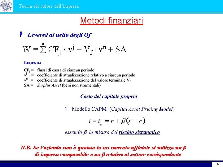 Teoria del valore dell’impresa Metodi finanziari Levered al netto degli Of n W =