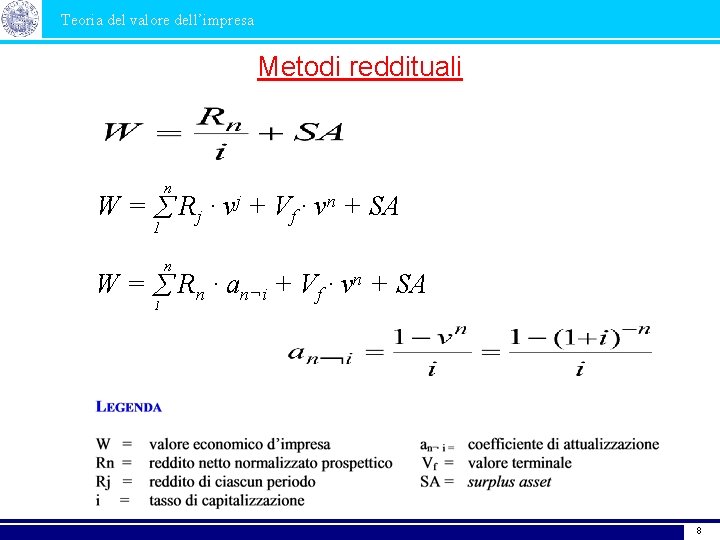 Teoria del valore dell’impresa Metodi reddituali n W = Rj · vj + Vf