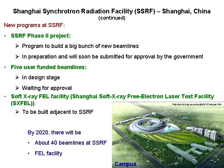 Shanghai Synchrotron Radiation Facility (SSRF) – Shanghai, China (continued) New programs at SSRF: •