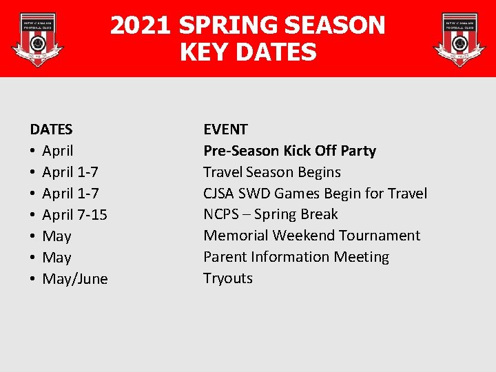 2021 SPRING SEASON KEY DATES • April 1 -7 • April 7 -15 •