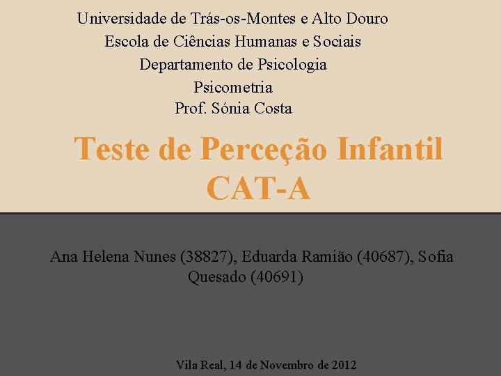 Universidade de Trás-os-Montes e Alto Douro Escola de Ciências Humanas e Sociais Departamento de