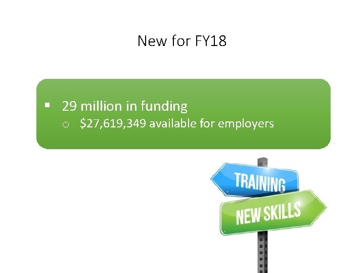 New for FY 18 § 29 million in funding o $27, 619, 349 available