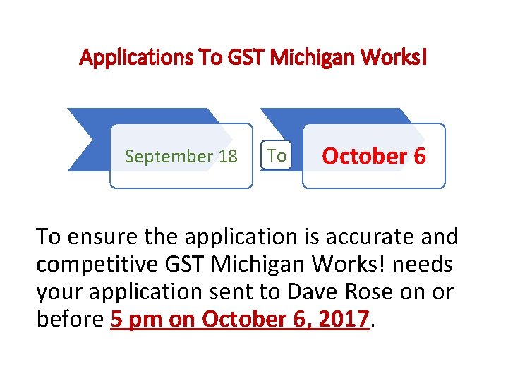 Applications To GST Michigan Works! September 18 To October 6 To ensure the application