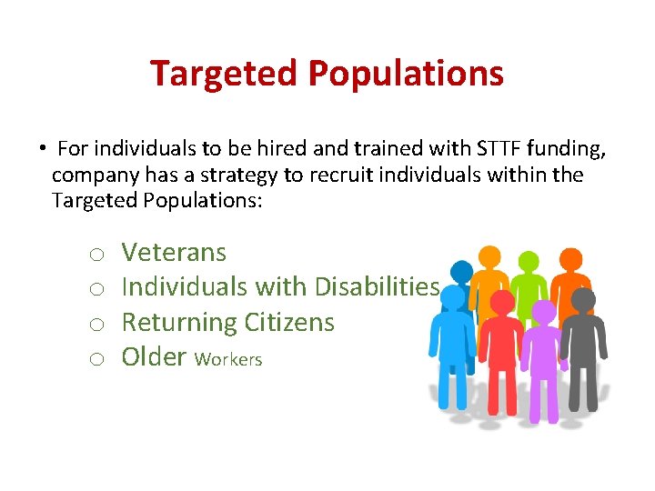 Targeted Populations • For individuals to be hired and trained with STTF funding, company