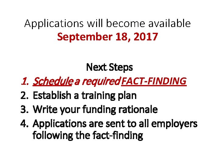 Applications will become available September 18, 2017 1. 2. 3. 4. Next Steps Schedule