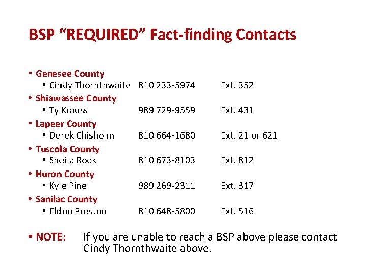 BSP “REQUIRED” Fact-finding Contacts • Genesee County • Cindy Thornthwaite • Shiawassee County •
