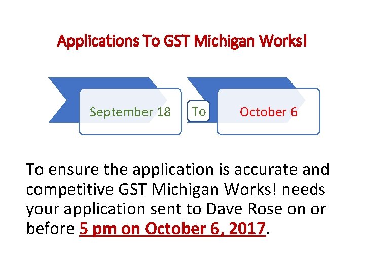 Applications To GST Michigan Works! September 18 To October 6 To ensure the application