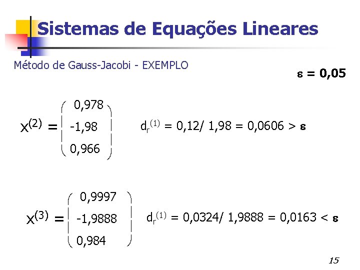 Sistemas de Equações Lineares Método de Gauss-Jacobi - EXEMPLO 0, 978 x(2) = -1,