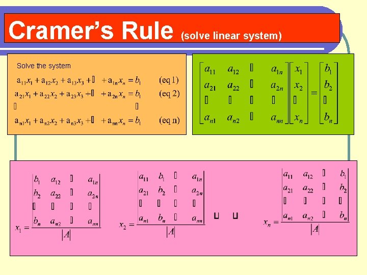 Cramer’s Rule (solve linear system) Solve the system 