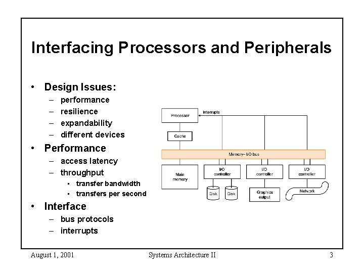 Interfacing Processors and Peripherals • Design Issues: – – performance resilience expandability different devices Interfacing Processors and Peripherals • Design Issues: – – performance resilience expandability different devices