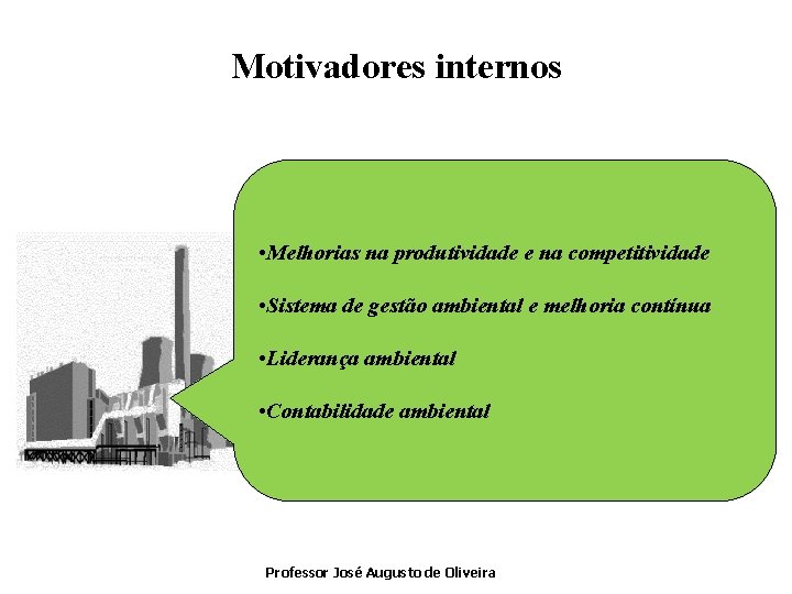Motivadores internos • Melhorias na produtividade e na competitividade • Sistema de gestão ambiental