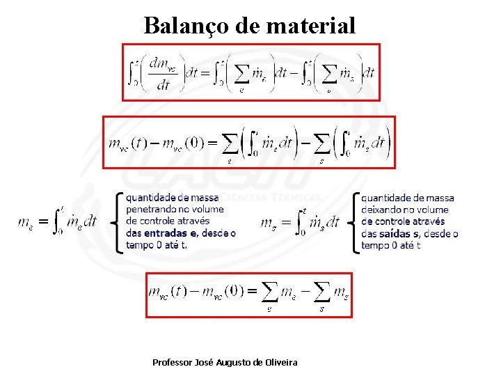 Balanço de material ü Balanço de Massa; e Professor José Augusto de Oliveira 