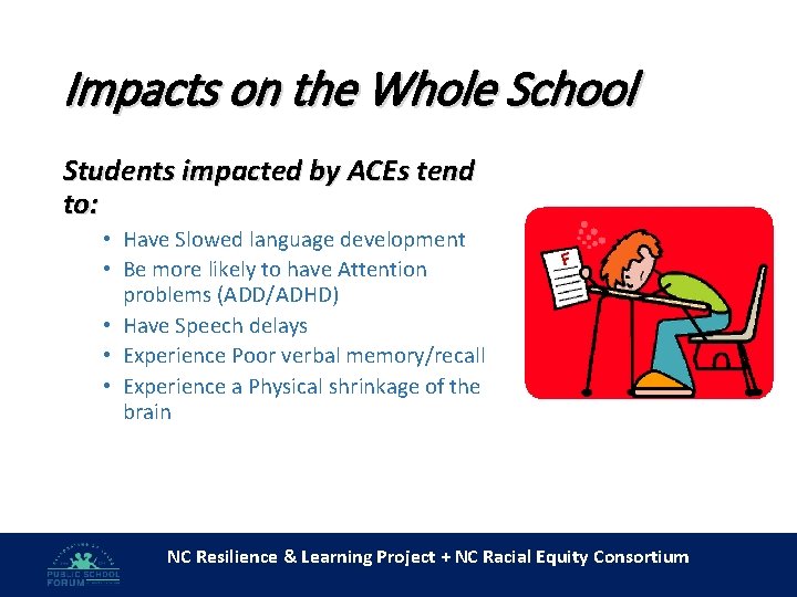 Impacts on the Whole School Students impacted by ACEs tend to: • Have Slowed