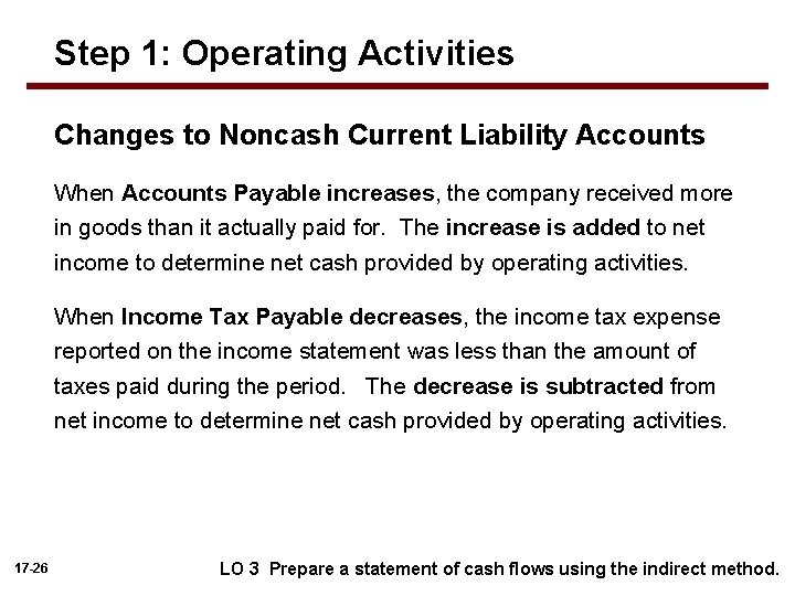 Step 1: Operating Activities Changes to Noncash Current Liability Accounts When Accounts Payable increases,