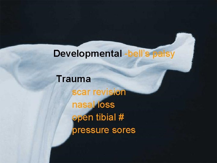 Developmental -bell’s palsy Trauma scar revision nasal loss open tibial # pressure sores 
