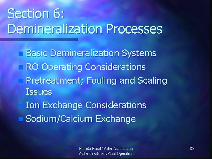 Section 6: Demineralization Processes Basic Demineralization Systems n RO Operating Considerations n Pretreatment; Fouling