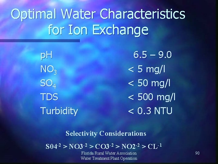 Optimal Water Characteristics for Ion Exchange p. H NO 3 SO 4 TDS Turbidity