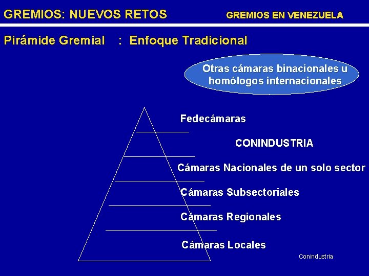 GREMIOS: NUEVOS RETOS GREMIOS EN VENEZUELA Pirámide Gremial : Enfoque Tradicional Otras cámaras binacionales