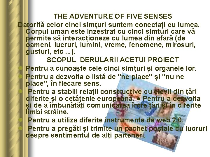 THE ADVENTURE OF FIVE SENSES Datorită celor cinci simțuri suntem conectați cu lumea. Corpul THE ADVENTURE OF FIVE SENSES Datorită celor cinci simțuri suntem conectați cu lumea. Corpul