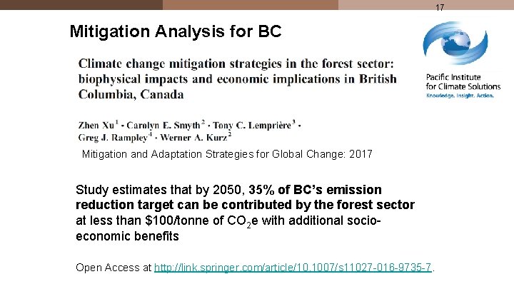 17 Mitigation Analysis for BC Mitigation and Adaptation Strategies for Global Change: 2017 Study