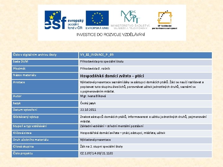 Číslo v digitálním archivu školy VY_32_INOVACE_P _09 Sada DUM Přírodověda pro speciální školu Předmět Číslo v digitálním archivu školy VY_32_INOVACE_P _09 Sada DUM Přírodověda pro speciální školu Předmět