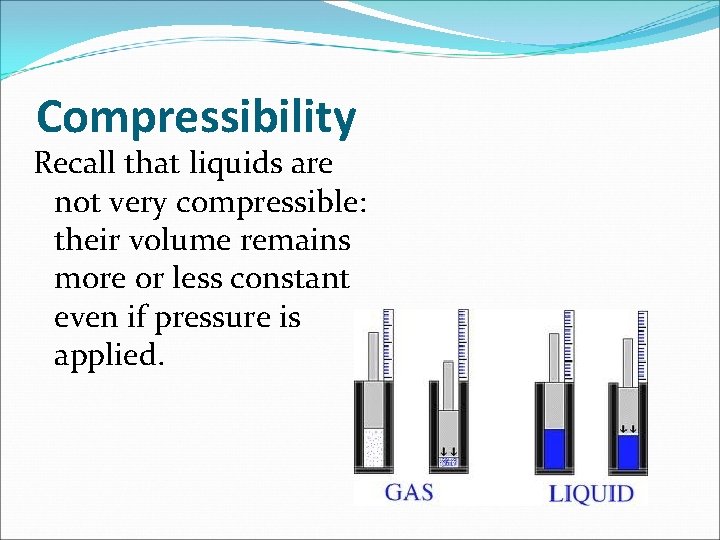 Compressibility Recall that liquids are not very compressible: their volume remains more or less
