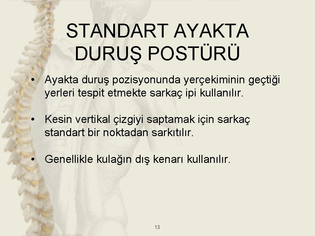 STANDART AYAKTA DURUŞ POSTÜRÜ • Ayakta duruş pozisyonunda yerçekiminin geçtiği yerleri tespit etmekte sarkaç STANDART AYAKTA DURUŞ POSTÜRÜ • Ayakta duruş pozisyonunda yerçekiminin geçtiği yerleri tespit etmekte sarkaç