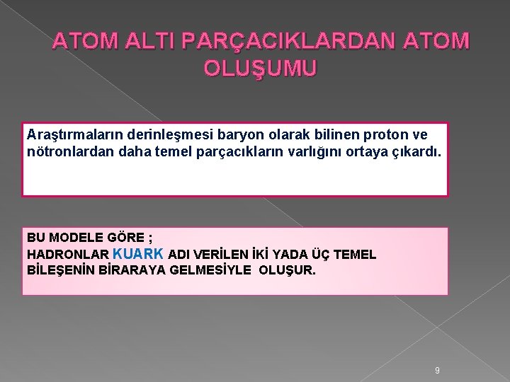 ATOM ALTI PARÇACIKLARDAN ATOM OLUŞUMU Araştırmaların derinleşmesi baryon olarak bilinen proton ve nötronlardan daha