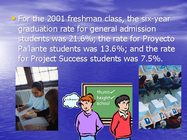  • For the 2001 freshman class, the six-year graduation rate for general admission