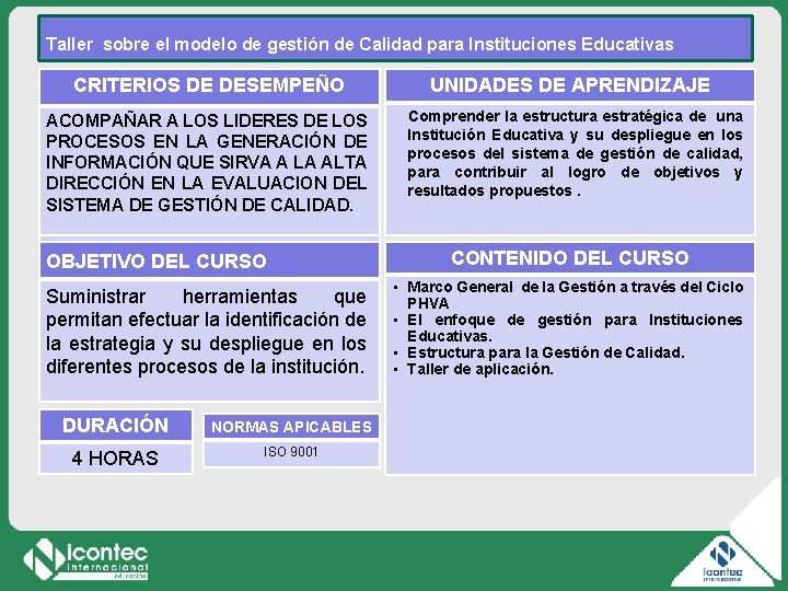 Taller sobre el modelo de gestión de Calidad para Instituciones Educativas CRITERIOS DE DESEMPEÑO