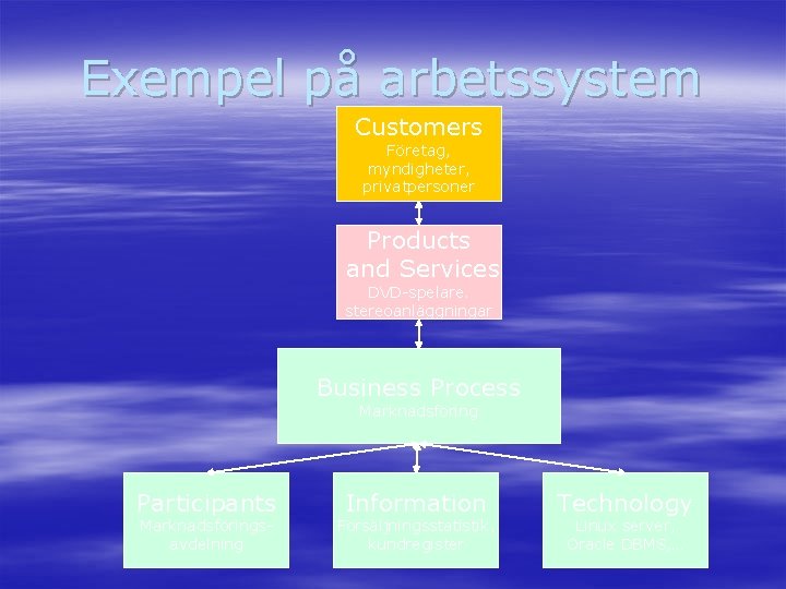 Exempel på arbetssystem Customers Företag, myndigheter, privatpersoner Products and Services DVD-spelare. stereoanläggningar Business Process