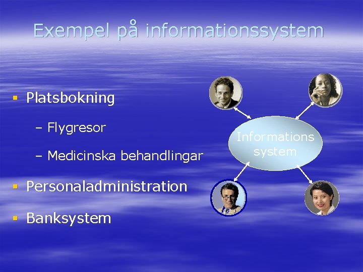 Exempel på informationssystem § Platsbokning – Flygresor – Medicinska behandlingar § Personaladministration § Banksystem