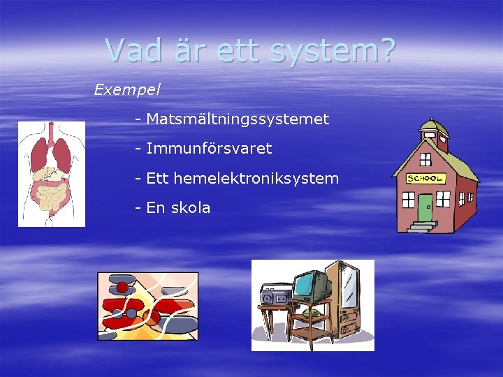 Vad är ett system? Exempel - Matsmältningssystemet - Immunförsvaret - Ett hemelektroniksystem - En