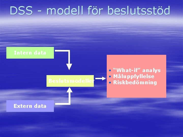 DSS - modell för beslutsstöd Intern data Beslutsmodeller Extern data • “What-if” analys •