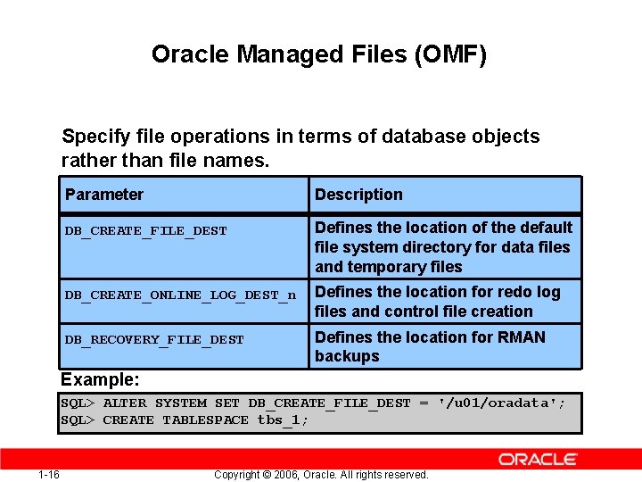 Oracle Managed Files (OMF) Specify file operations in terms of database objects rather than