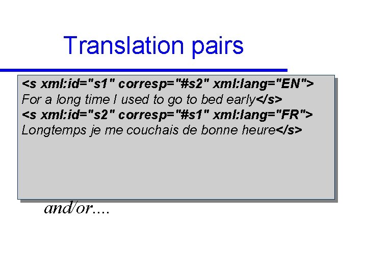 Translation pairs <s xml: id="s 1" corresp="#s 2" xml: lang="EN"> For a long time