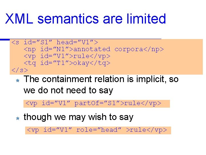 XML semantics are limited <s id=”S 1” head=”V 1”> <np id=”N 1”>annotated corpora</np> <vp
